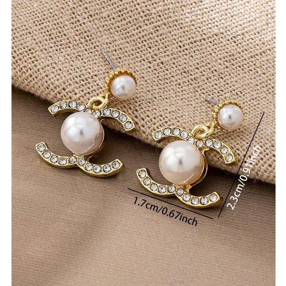 Gold Crystal Gemstone C-Shaped Dangle Earrings Pearl Gemstone Drop Pendant Charm - Picture 3 of 3